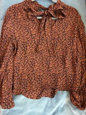 Theory Rust Floral Tie-Neck Blouse with Black & Mustard Accents